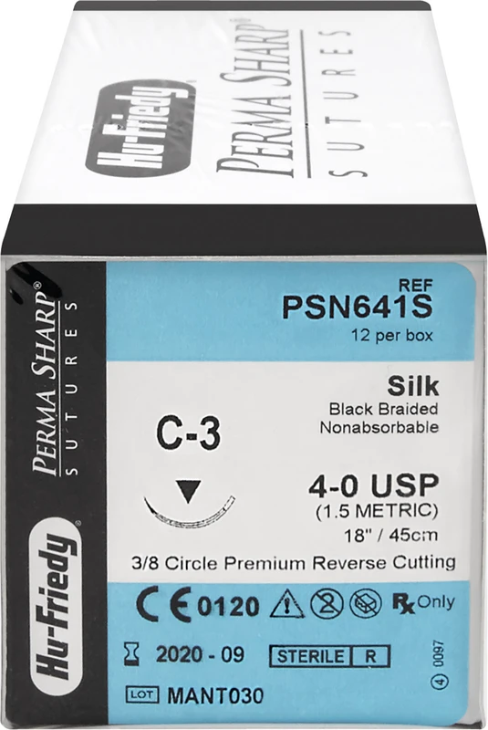 Perma Sharp Seide  Packung  12 Stück schwarz, 45 cm, C-3, 3\8 Kreis, schneidend, Premium-Rückstich, 13 mm, USP 4\0