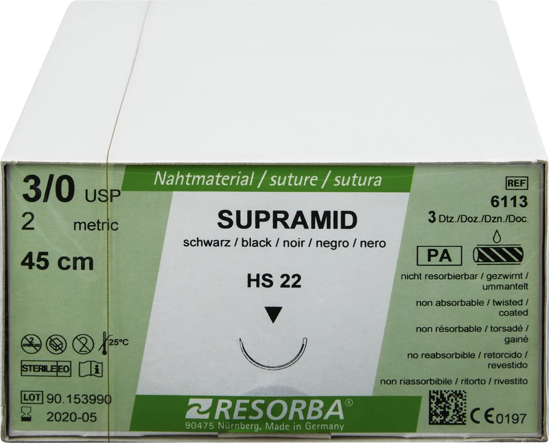 RESORBA® Supramid  Packung  36 Stück schwarz, 45cm, HS22, 1\2 Kreis, außen schneidend, 22 mm, USP 3\0