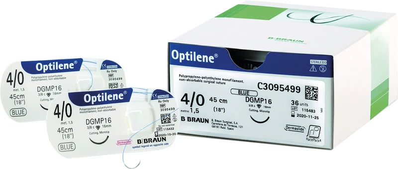 Optilene®  Packung  36 Stück blau, 45 cm, DGMP16, 3\8 Kreis, Mikrogravur, Mikropräzision, 16 mm, USP 4\0