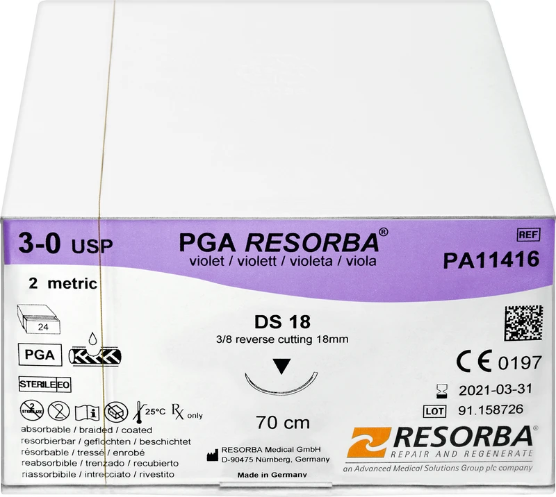 RESORBA® PGA  Packung  24 Stück violett, 70 cm, DS18, 3\8 Kreis, außen schneidend, 18 mm, USP 3\0