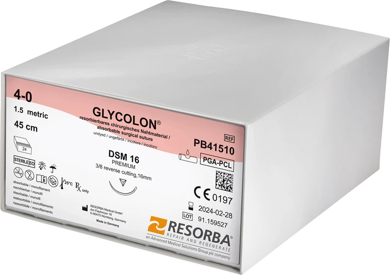 Glycolon® Monofil  Packung  24 Stück ungefärbt, 45 cm, DSM16, 3\8 Kreis, außen schneidend, 16 mm, USP 4\0