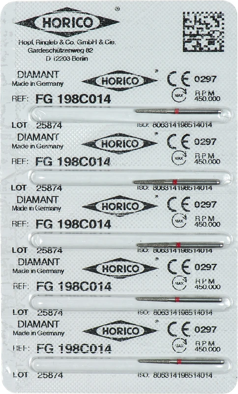 Diamantschleifer 198  Packung  5 Stück rot fein, FG, Figur 198, 8 mm, ISO 014