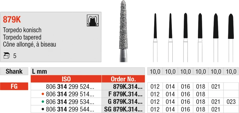 Diamanten 879K  Packung  5 Stück schwarz supergrob, FG, Figur 299 Torpedo konisch, 10 mm, ISO 016