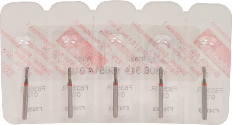 Omni Diamanten 835  Packung  5 Stück rot fein, FG, Figur 156 Zylinder Kante rund, 4 mm, ISO 012