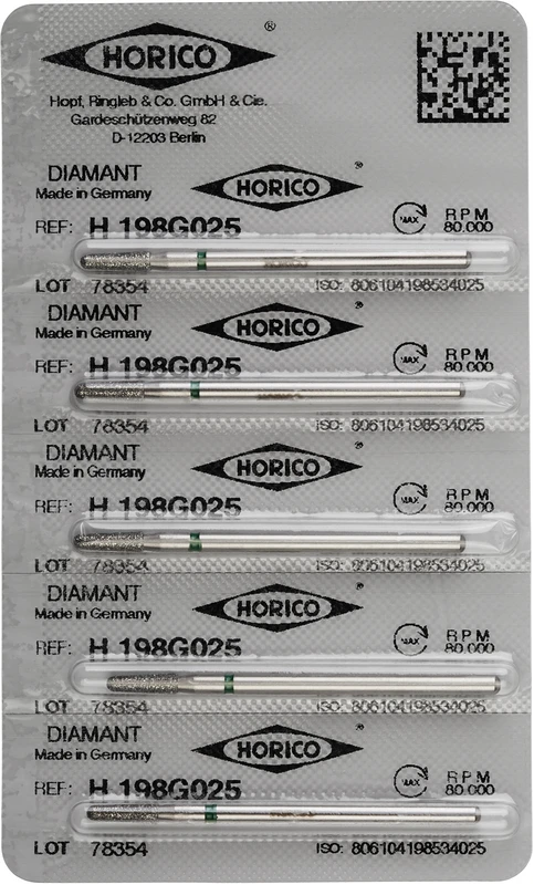 Diamantschleifer H 198  Packung  5 Stück grün grob, HP, Figur 198, 9 mm, ISO 040