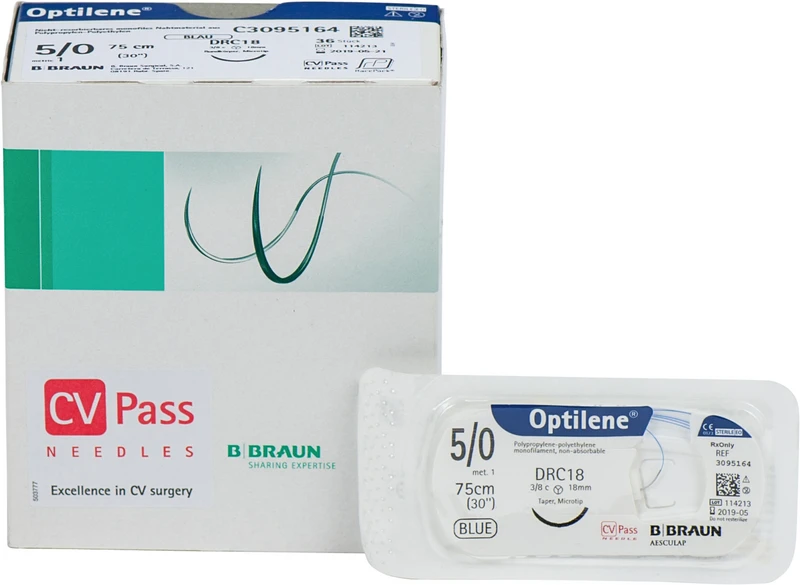Optilene®  Packung  36 Stück blau, 75 cm, DRC18, 3\8 Kreis, Rundkörper, kurz, 18 mm, USP 5\0