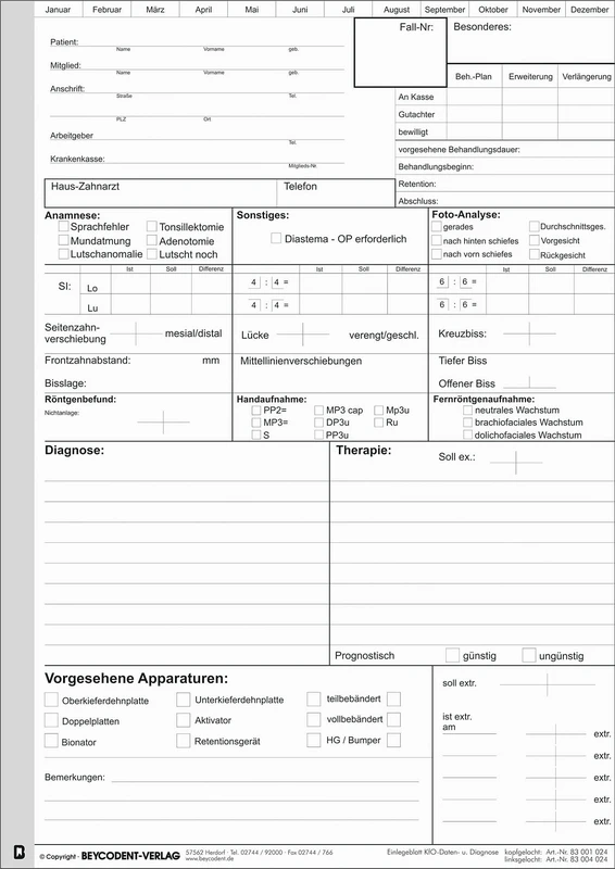 Einlegeblatt KFO  Packung  100 Stück, kopfgelocht