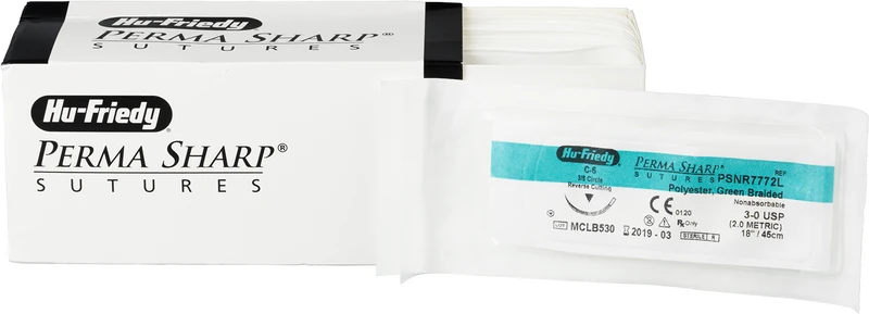 Perma Sharp Polyester  Packung  12 Stück grün, 45 cm, C-6, 3\8 Kreis, schneidend, Rückstich, 18,7 mm, USP 3\0