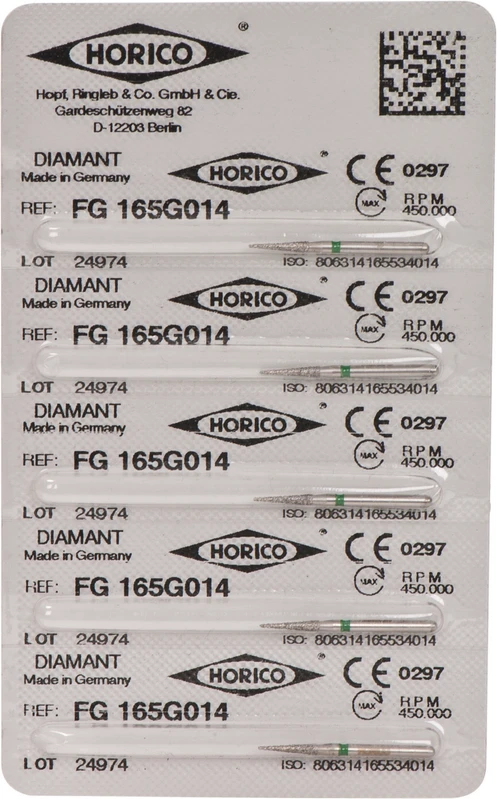 Diamantschleifer 165  Packung  5 Stück grün grob, FG, Figur 165, 8 mm, ISO ISO 014