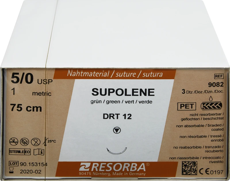 RESORBA® Supolene  Packung  36 Stück grün, 75 cm, DRT12, 3\8 Kreis, schneidender Rundkörper (Diamant-Spitze), 12 mm, USP 5\0