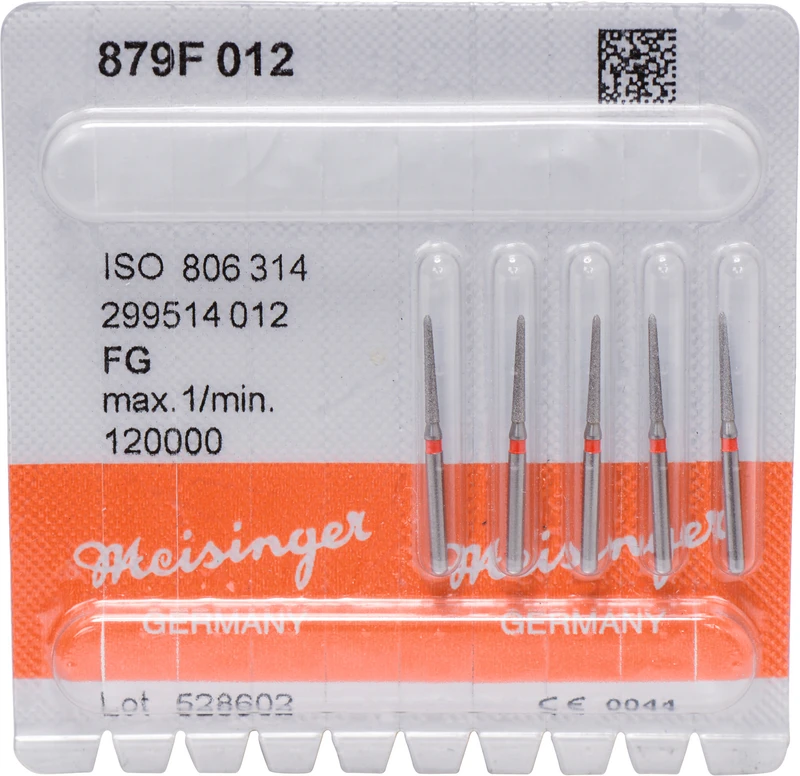 Diamanten 879  Packung  5 Stück rot fein, FG, Figur 299 Torpedo konisch, 10 mm, ISO 012