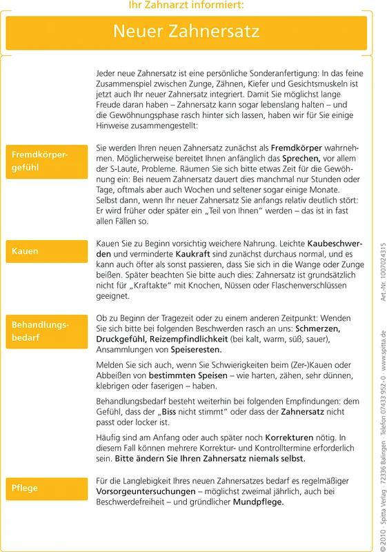 Patientenmerkblätter   Stück  100 Blatt Neuer Zahnersatz, weiß\gelb