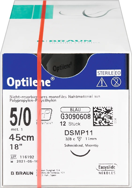 Optilene®  Packung  12 Stück blau, 45 cm, DSMP11, 3\8 Kreis, schneidend, Mikropräzision, 11 mm, USP 5\0