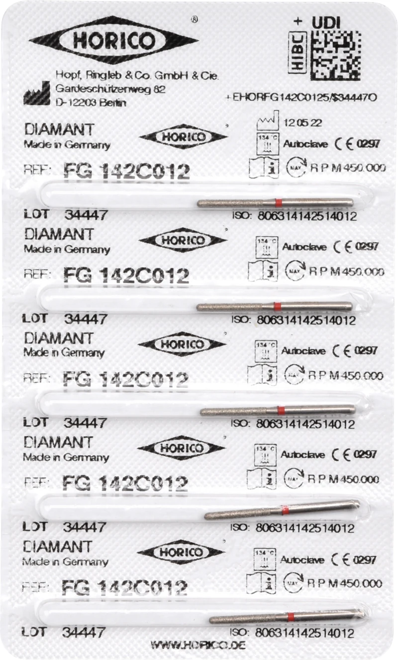 Diamantschleifer 142  Packung  5 Stück rot fein, FG, Figur 142, 10 mm, ISO 012