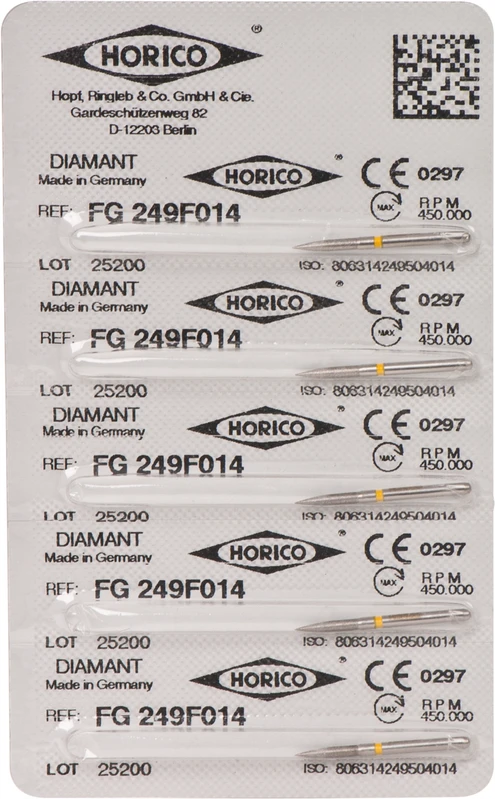 Diamantschleifer 249  Packung  5 Stück gelb x-fein, FG, Figur 249, 8 mm, ISO 014