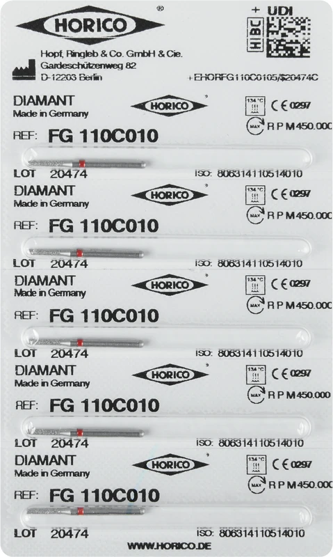 Diamantschleifer 110  Packung  5 Stück rot fein, FG, Figur 110, 6 mm, ISO 010