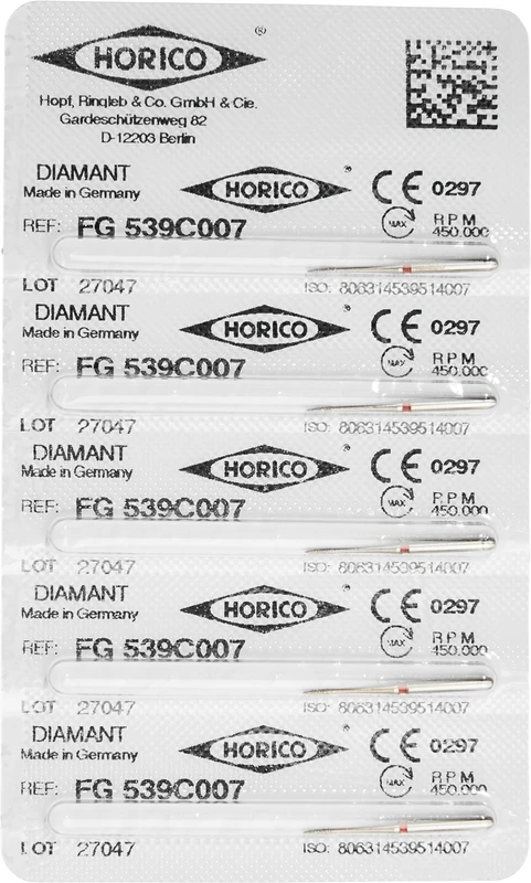 Diamantschleifer 539  Packung  5 Stück rot fein, FG, Figur 539, 3 mm, ISO 007