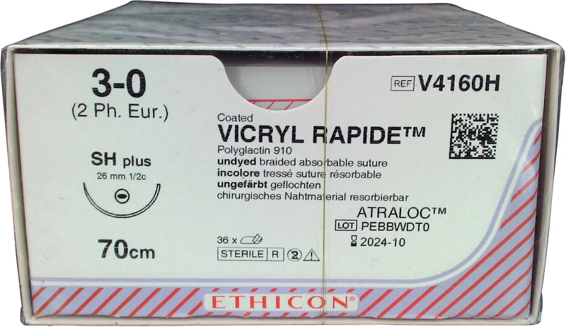 VICRYL RAPIDE  Packung  36 Stück ungefärbt, 70 cm, SH PLUS, 1\2 Kreis, Rundkörper, flach, 26 mm, USP 3\0