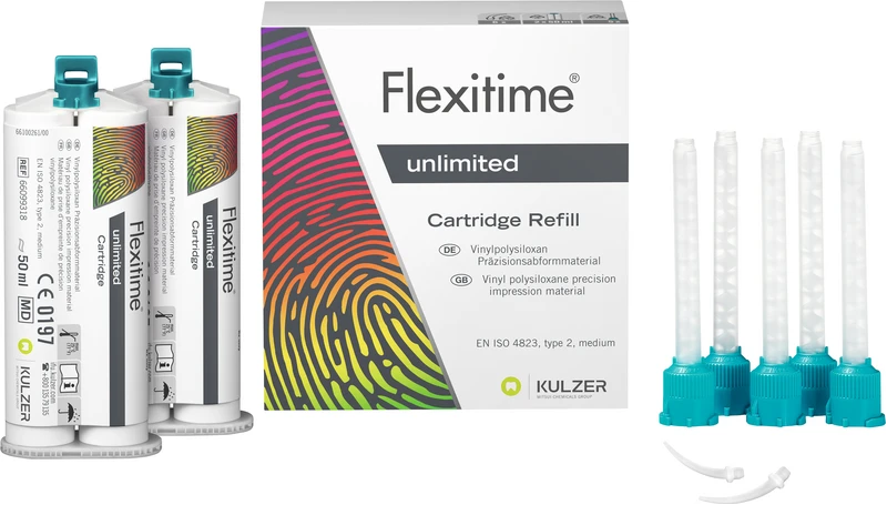 Flexitime® unlimited   Refillpackung  2 x 50 ml Kartusche, 5 Mixing Tips, 6 Intraoral Tips, 1 Gebrauchsinformation
