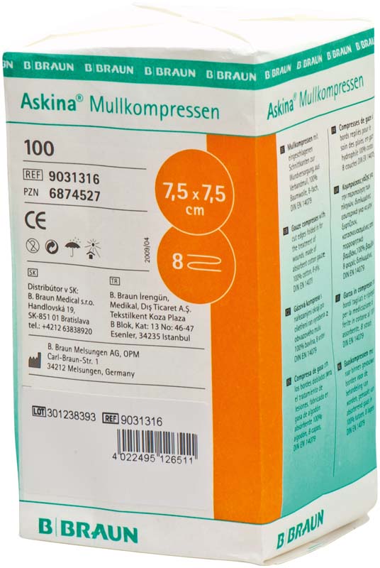 Askina ®  Mullkompressen  Packung  100 Stück 7,5 x 7,5 cm