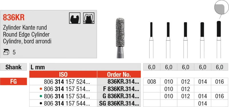 Diamanten 836KR  Packung  5 Stück Standard, FG, Figur 157 Zylinder Kante rund, 6 mm, ISO 010
