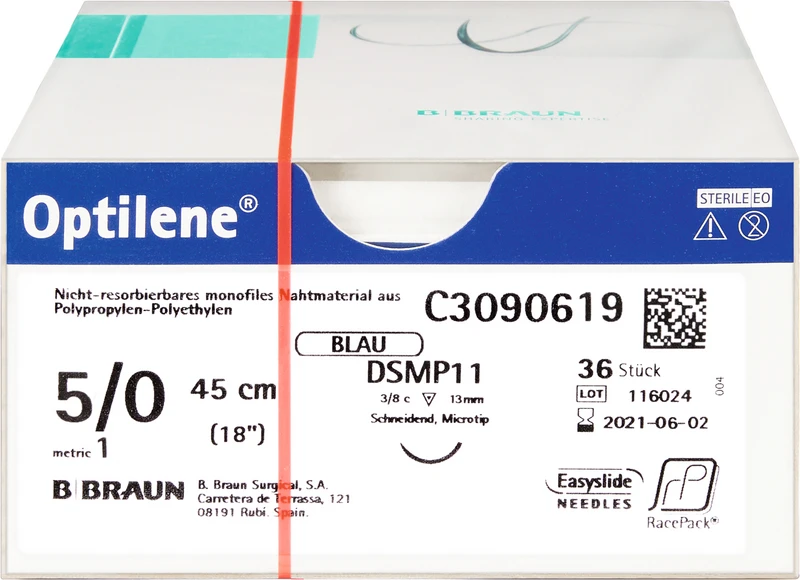 Optilene®  Packung  36 Stück blau, 45 cm, DSMP13, 3\8 Kreis, schneidend, Mikropräzision, 13 mm, USP 5\0