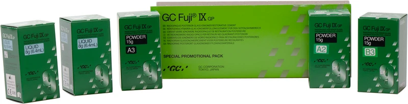 GC Fuji® IX GP  Einführungspackung  3 x 15 g Pulver (A2, A3, B3), 2 x 6,4 ml Flüssigkeit