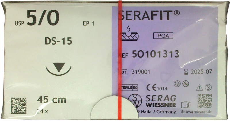 SERAFIT®   Packung  24 Stück ungefärbt, 45 cm, DS-15, 3\8 Kreis, schneidender Nadelkörper, 15 mm, USP 5\0