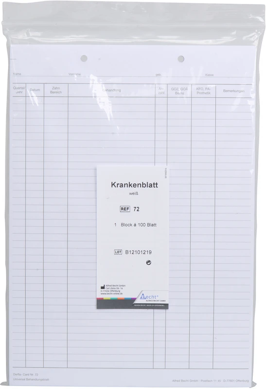 Krankenblatt  Packung  100 Stück weiß, für Kassenpatienten