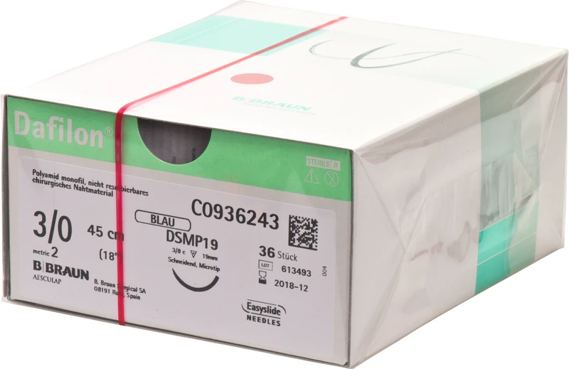 Dafilon®  Packung  36 Stück blau, 45 cm, DSMP19, 3\8 Kreis, schneidend, Mikropräzision, 19 mm, USP 3\0