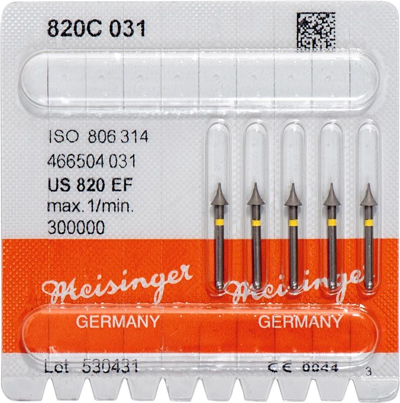 Diamanten 820  Packung  5 Stück gelb extra fein, FG, Figur 465 Interdental, 4 mm, ISO 031
