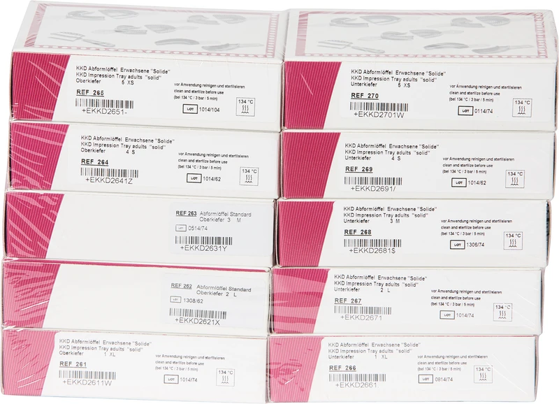 KKD® Abformlöffel Standardabdruck  Satz  10 Stück (UK-1 XL, UK-2 L, UK-3 M, UK-4 S, UK-5 XS, OK-1 XL, OK-2 L, OK-3 M, OK-4 S, OK-5 XS), voll