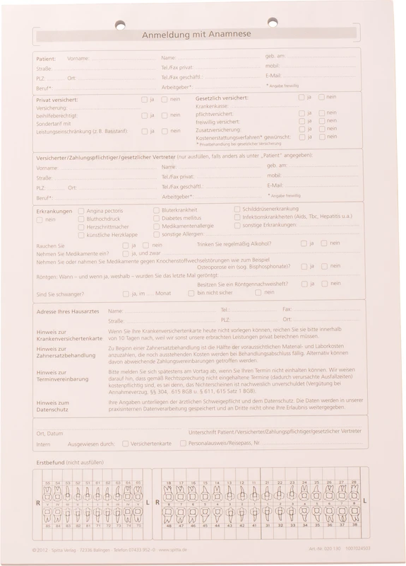 Anmeldeformulare Anamnese   Stück  100 Blatt A4, 01-Befund