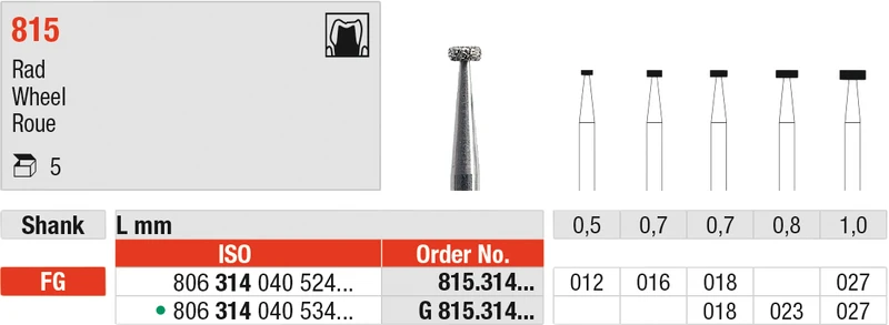 Diamanten 815  Packung  5 Stück Standard, FG, Figur 040 Rad, 0,7 mm, ISO 016