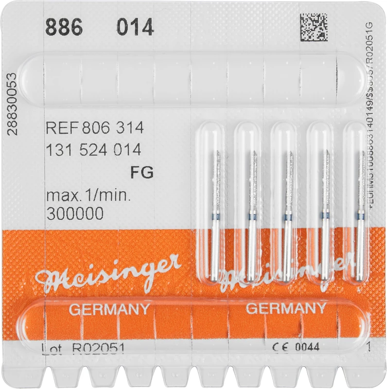 Diamanten 886  Packung  5 Stück blau mittel, FG, Figur 131 Zylinder spitz, 10 mm, ISO 014