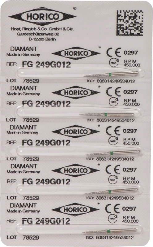 Diamantschleifer 249  Packung  5 Stück grün grob, FG, Figur 249, 8 mm, ISO 012