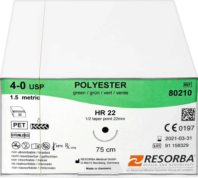 RESORBA® Polyester  Packung  36 Stück grün, 75 cm, HR22, 1\2 Kreis, Rundkörper, 22 mm, USP 4\0
