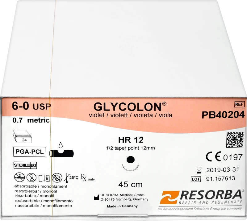 Glycolon® Monofil  Packung  24 Stück violett, 45 cm, HR12, 1\2 Kreis, Rundkörper, 12 mm, USP 6\0