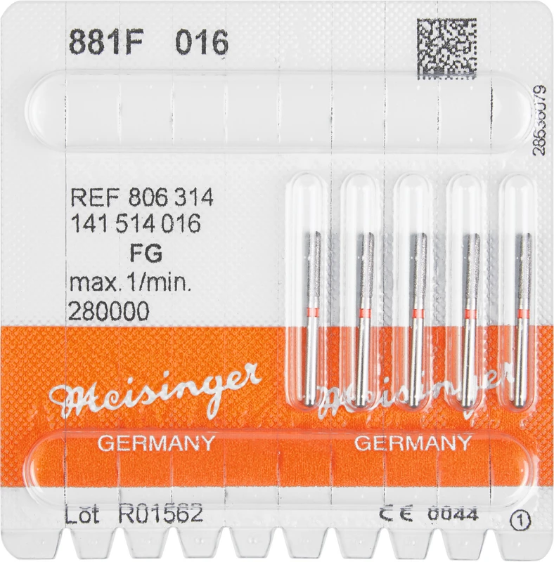 Diamanten 881  Packung  5 Stück rot fein, FG, Figur 141 Zylinder rund, 8 mm, ISO 016