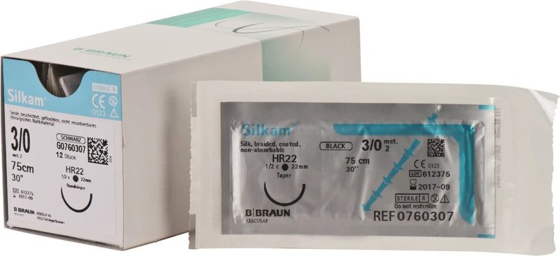 Silkam®  Packung  12 Stück schwarz, 75 cm, HR22, 1\2 Kreis, Rundkörper, 22 mm, USP 3\0