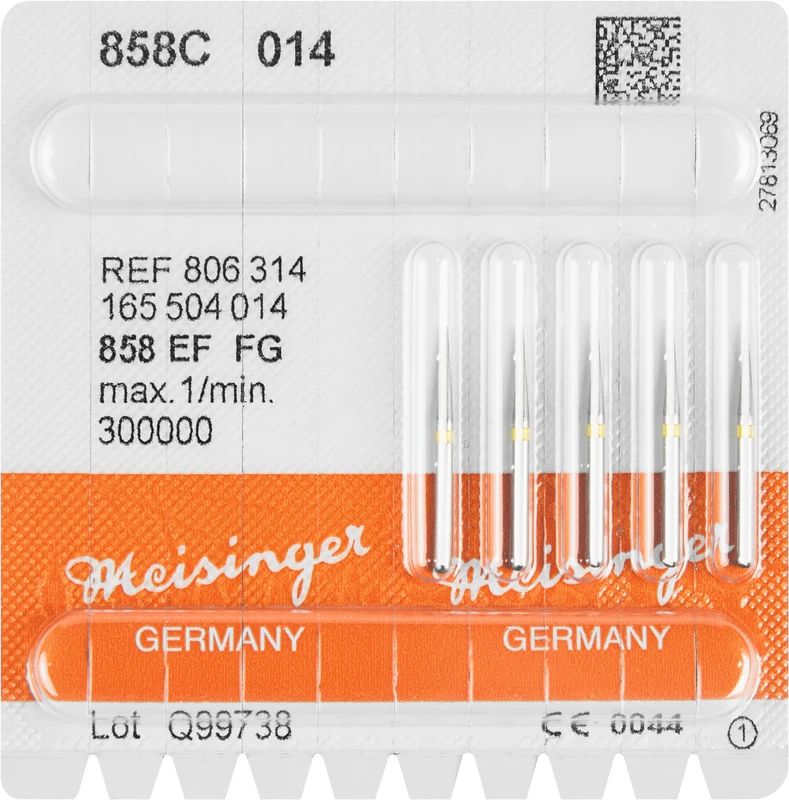 Diamanten 858  Packung  5 Stück gelb extra fein, FG, Figur 165 kon. spitz, Nadel, 8 mm, ISO 014