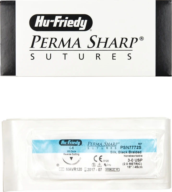 Perma Sharp Seide  Packung  12 Stück schwarz, 45 cm, C-6, 3\8 Kreis, schneidend, Rückstich, 18,7 mm, USP 3\0