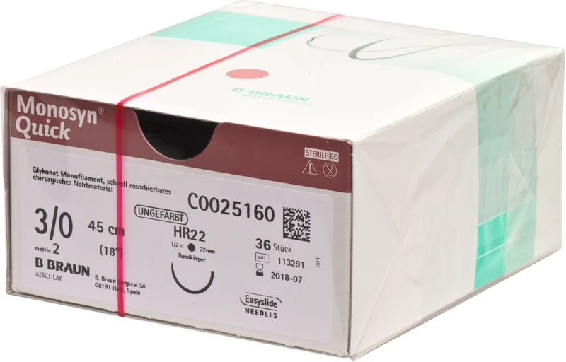 Monosyn® Quick  Packung  36 Stück ungefärbt, 45 cm, HR22, 1\2 Kreis, Rundkörper, 22 mm, USP 3\0