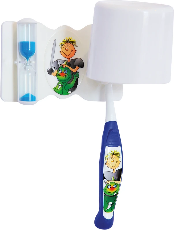 Dental Set complete  Packung  Ritter (1 Zahnbürste, 1 Zahnputzuhr mit Halter 2,5 min, 1 Zahnputzbecher) blau