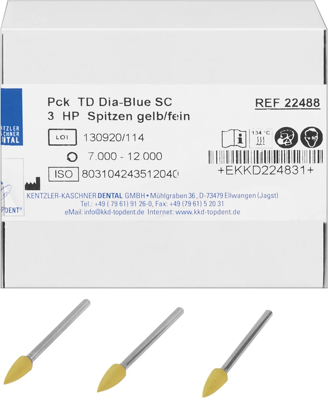 TOPDENT DIA-BLUE SC  Packung  3 Stück gelb fein, 4 x 13 mm, Spitze