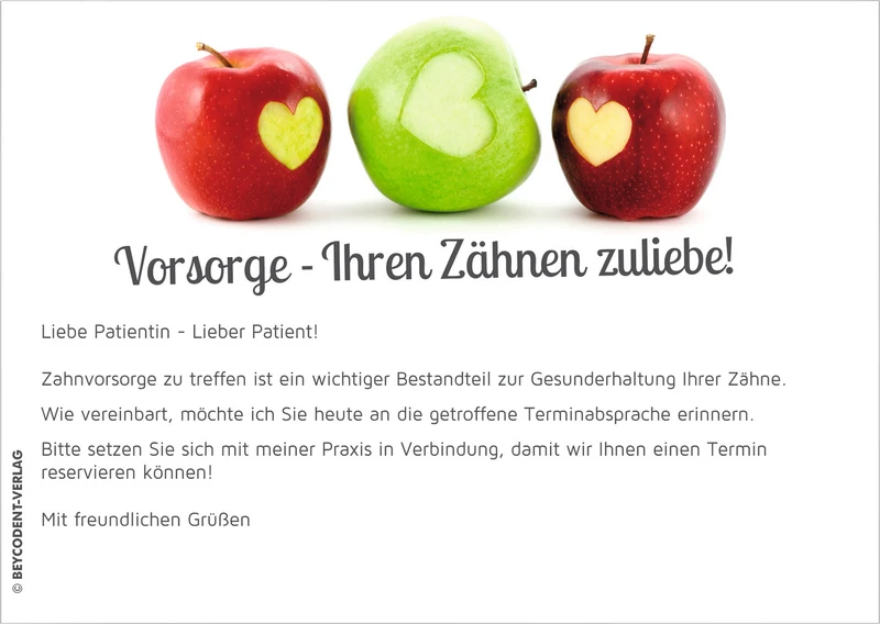 Zahnvorsorge-Karte  Packung  100 Stück DIN A6, Äpfel mit Herz