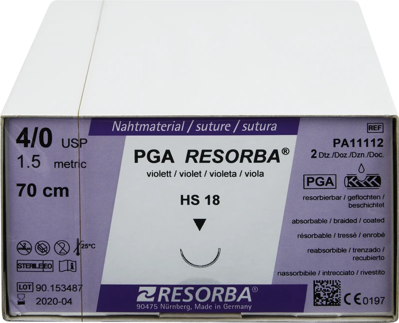 RESORBA® PGA   Packung  24 Stück violett, 70 cm, HS18, 1\2 Kreis, außen schneidend, 18 mm, USP 4\0