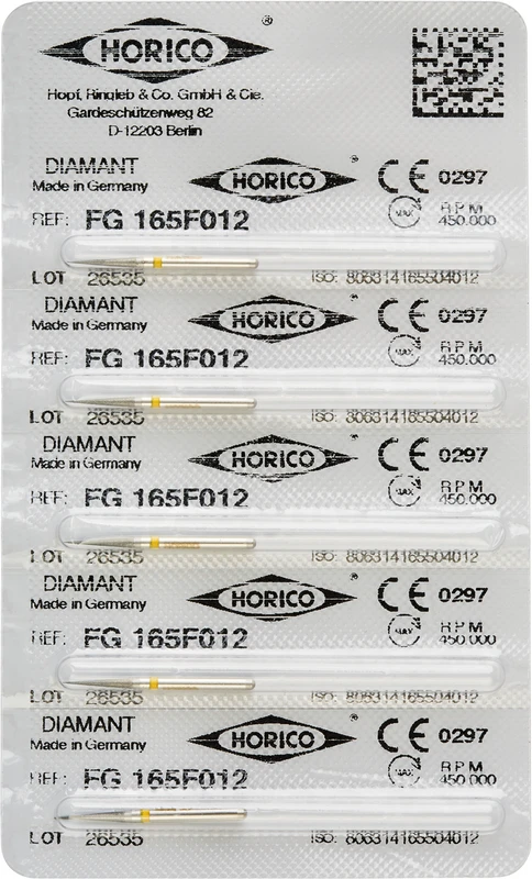 Diamantschleifer 165  Packung  5 Stück gelb x-fein, FG, Figur 165, 8 mm, ISO 012