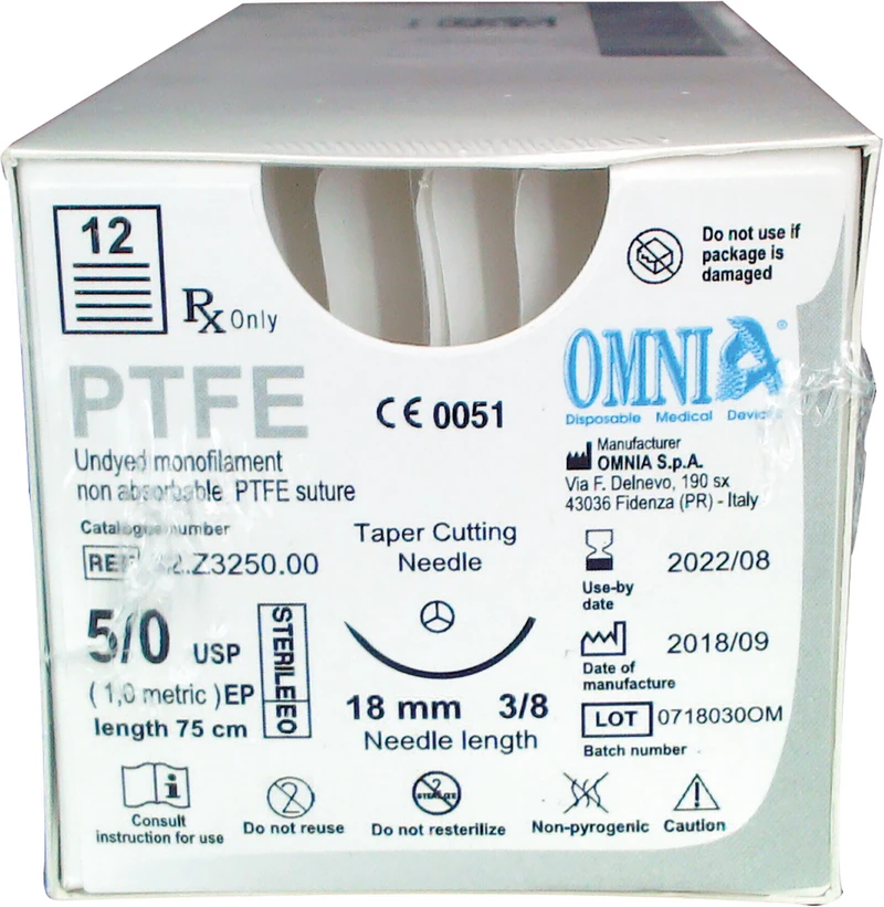 PTFE Nahtmaterial   Packung  12 Stück 75 cm, 3\8 Kreis, rund, diamantiert, 18 mm, USP 5\0