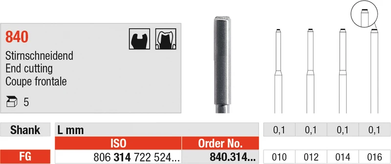 Diamanten 840  Packung  5 Stück Standard, FG, Figur 722 Stirnschneidend, 0,1 mm, ISO 014